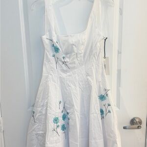 STAUD White Dress with Blue Floral Embroidery
